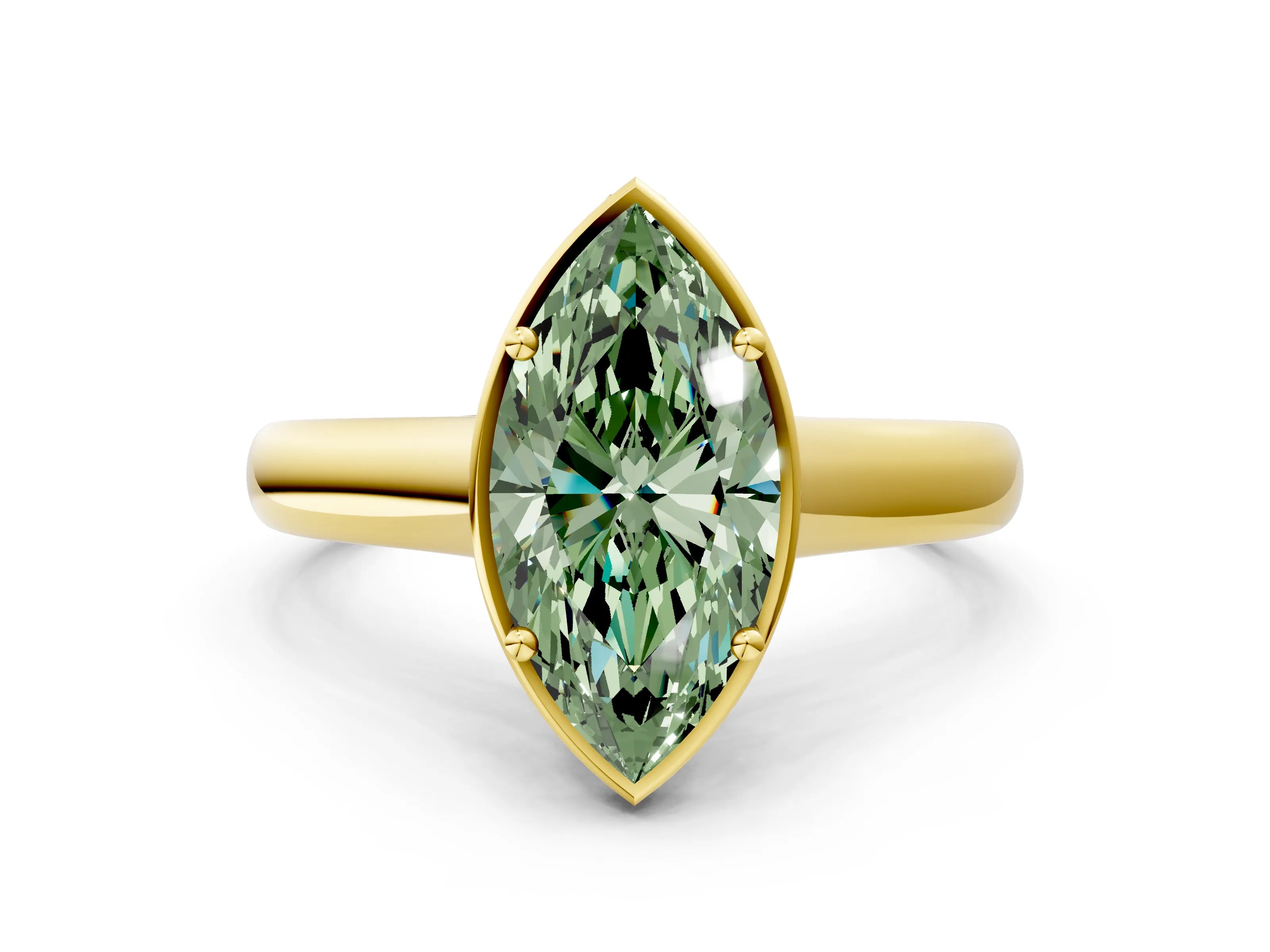 Yellow gold Fancy Green Marquise Cut Solitaire Diamond Engagement Ring with Four-Prong Setting and Tapered Band