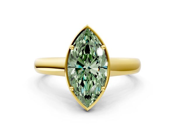 Yellow gold Fancy Green Marquise Cut Solitaire Diamond Engagement Ring with Four-Prong Setting and Tapered Band