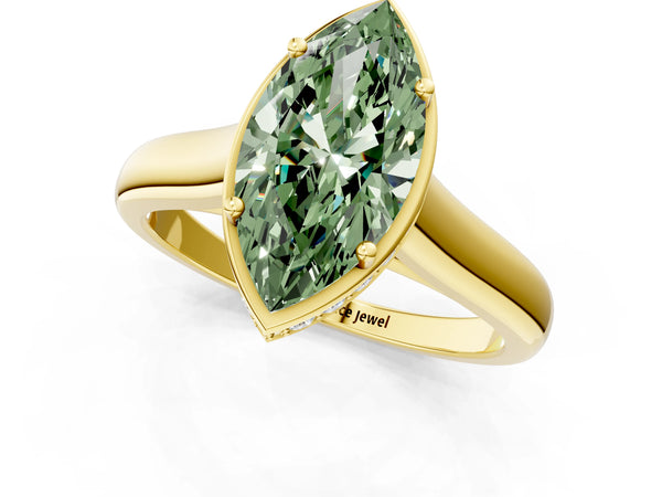 Yellow gold Fancy Green Marquise Cut Solitaire Diamond Engagement Ring with Four-Prong Setting and Tapered Band