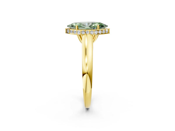 Yellow gold Fancy Green Marquise Cut Solitaire Diamond Engagement Ring with Four-Prong Setting and Tapered Band