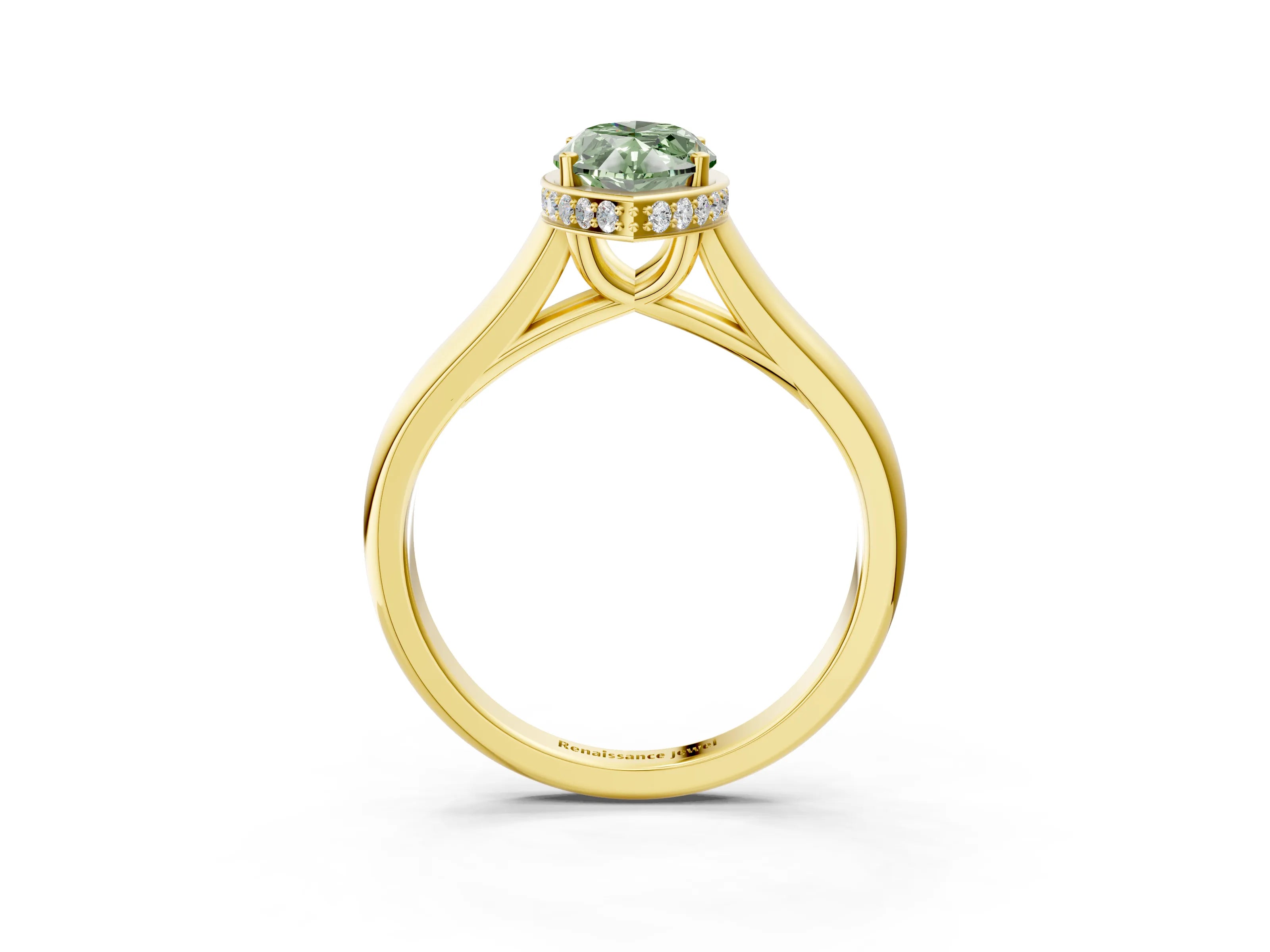 Yellow gold Fancy Green Marquise Cut Solitaire Diamond Engagement Ring with Four-Prong Setting and Tapered Band_3