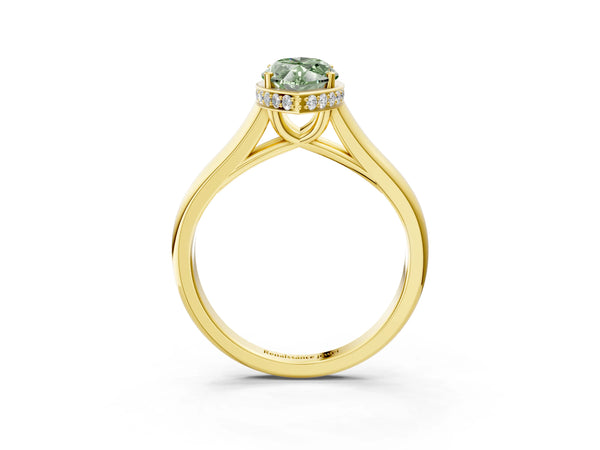 Yellow gold Fancy Green Marquise Cut Solitaire Diamond Engagement Ring with Four-Prong Setting and Tapered Band
