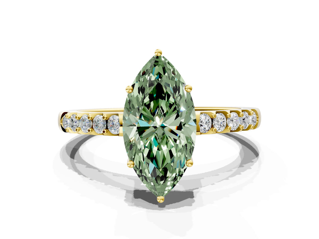 Yellow gold Fancy Green Marquise Cut Solitaire Diamond Engagement Ring with Pavé Band and Six-Prong Setting_12