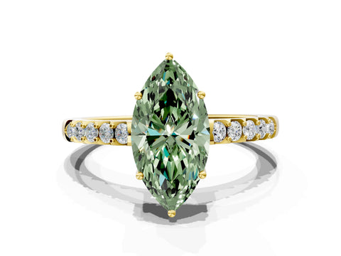 Yellow gold Fancy Green Marquise Cut Solitaire Diamond Engagement Ring with Pavé Band and Six-Prong Setting_12