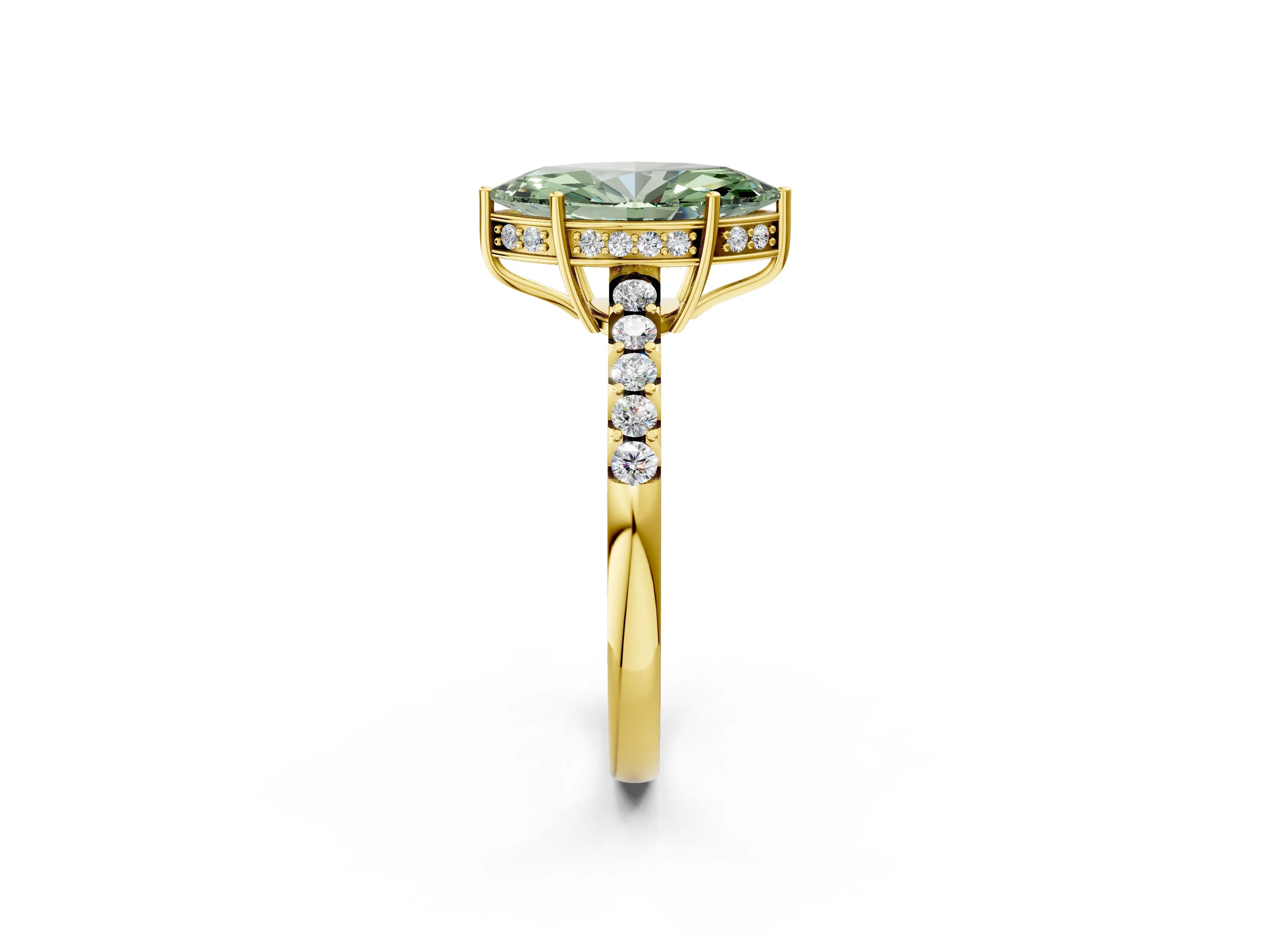 Yellow gold Fancy Green Marquise Cut Solitaire Diamond Engagement Ring with Pavé Band and Six-Prong Setting_14
