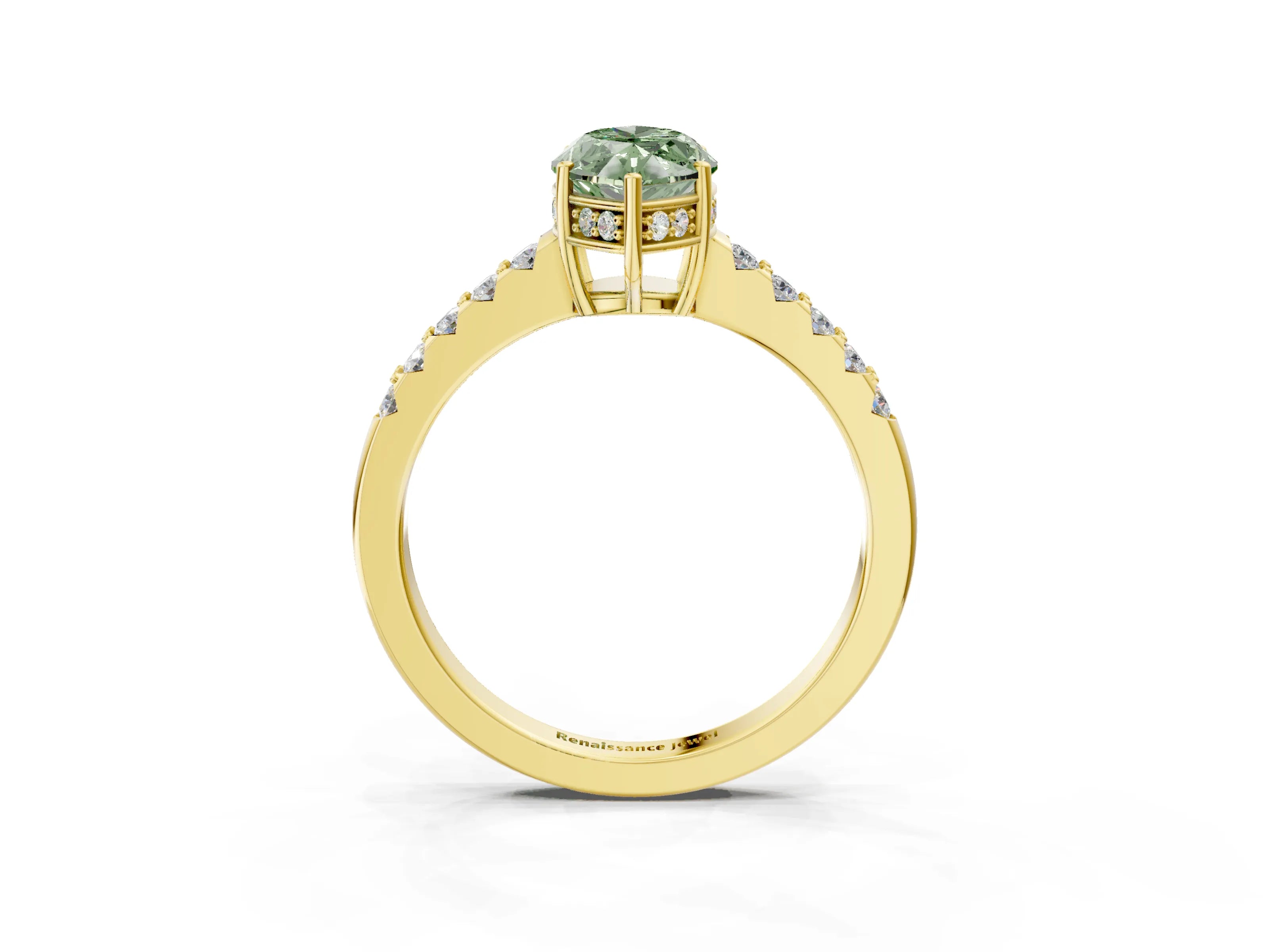 Yellow gold Fancy Green Marquise Cut Solitaire Diamond Engagement Ring with Pavé Band and Six-Prong Setting_15