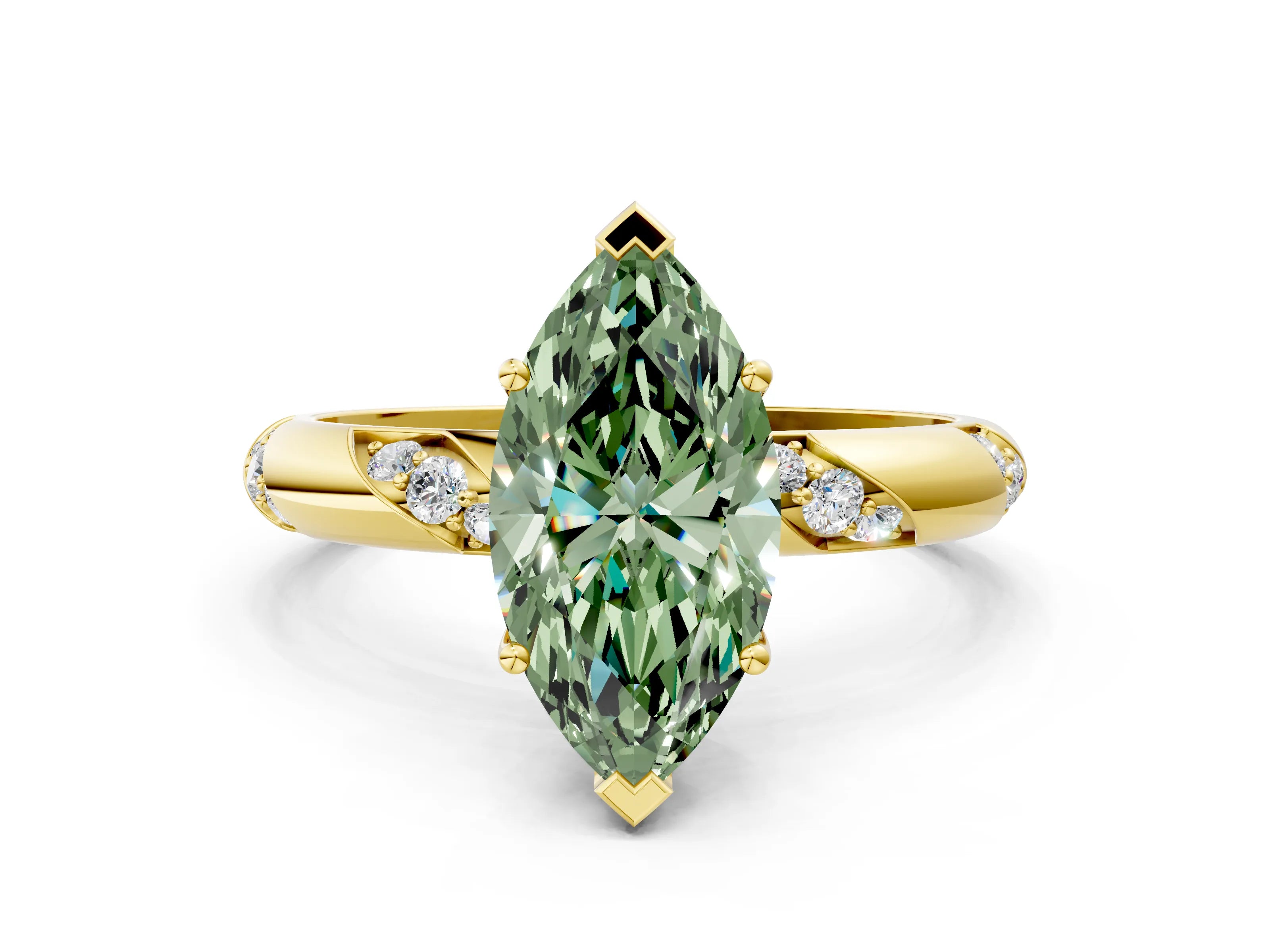 Yellow gold Fancy Green Marquise Cut Solitaire Diamond Engagement Ring with Twisted Pave Band and Four-Prong Setting_3