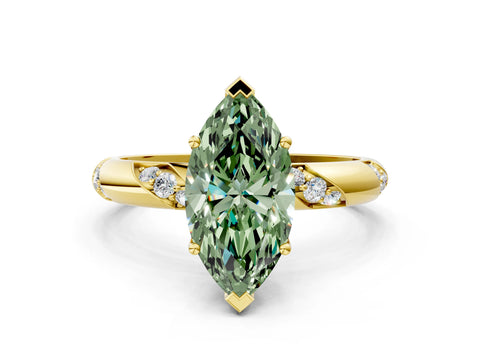Yellow gold Fancy Green Marquise Cut Solitaire Diamond Engagement Ring with Twisted Pave Band and Four-Prong Setting_3