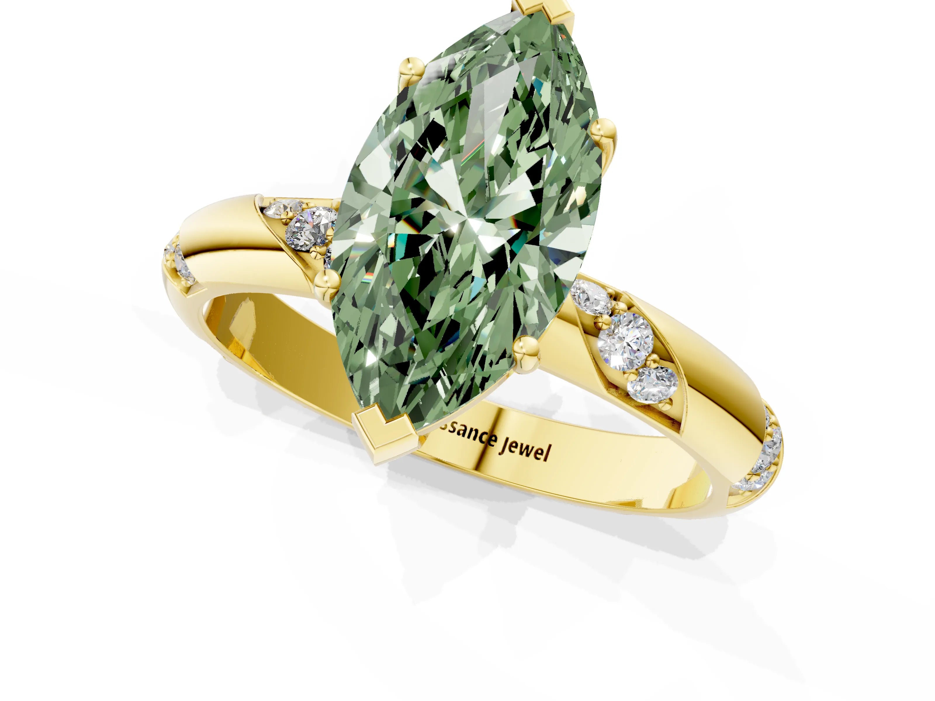 Yellow gold Fancy Green Marquise Cut Solitaire Diamond Engagement Ring with Twisted Pave Band and Four-Prong Setting_4