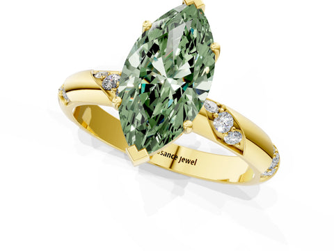Yellow gold Fancy Green Marquise Cut Solitaire Diamond Engagement Ring with Twisted Pave Band and Four-Prong Setting_4