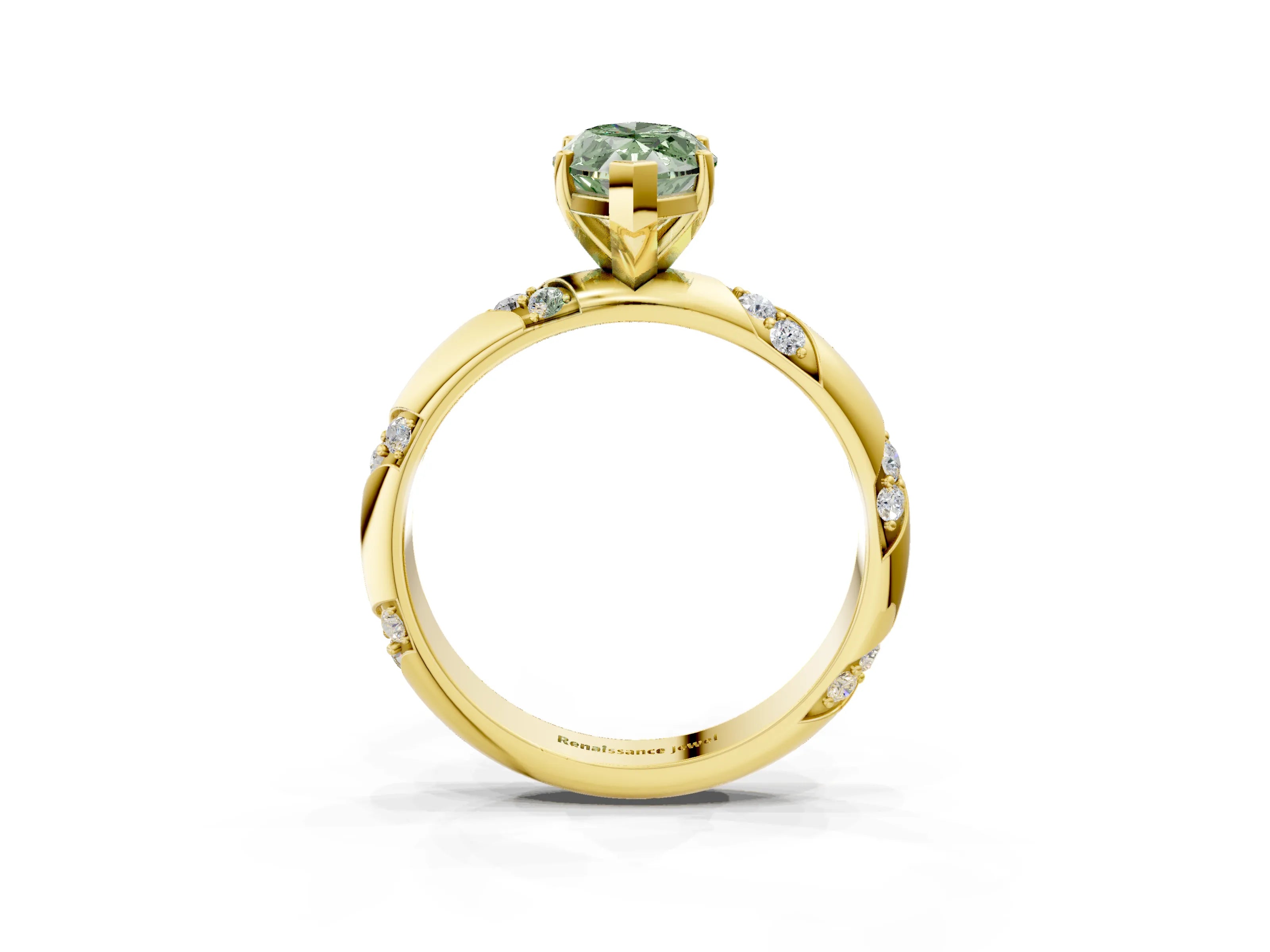 Yellow gold Fancy Green Marquise Cut Solitaire Diamond Engagement Ring with Twisted Pave Band and Four-Prong Setting_6