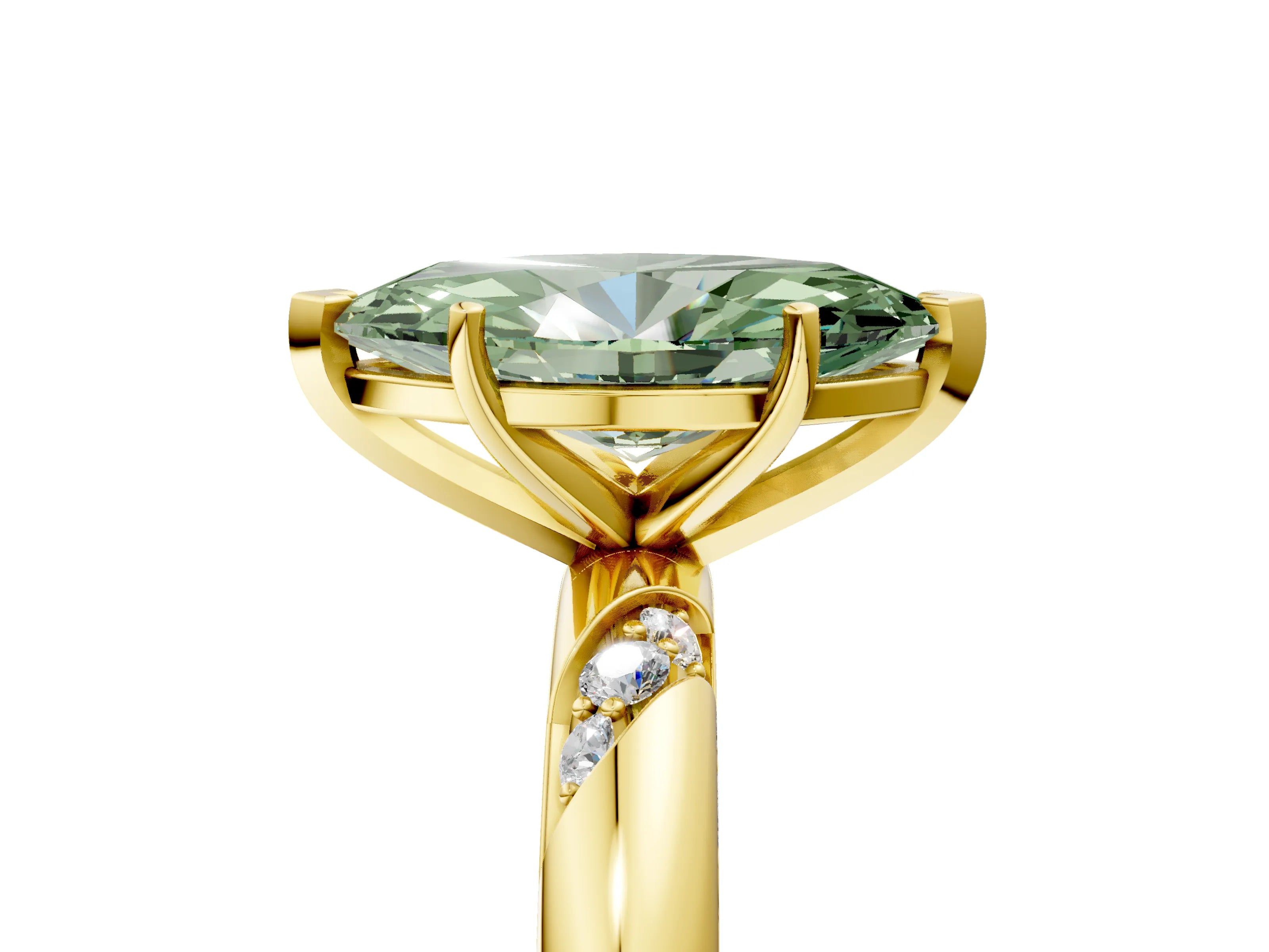 Yellow gold Fancy Green Marquise Cut Solitaire Diamond Engagement Ring with Twisted Pave Band and Four-Prong Setting_8