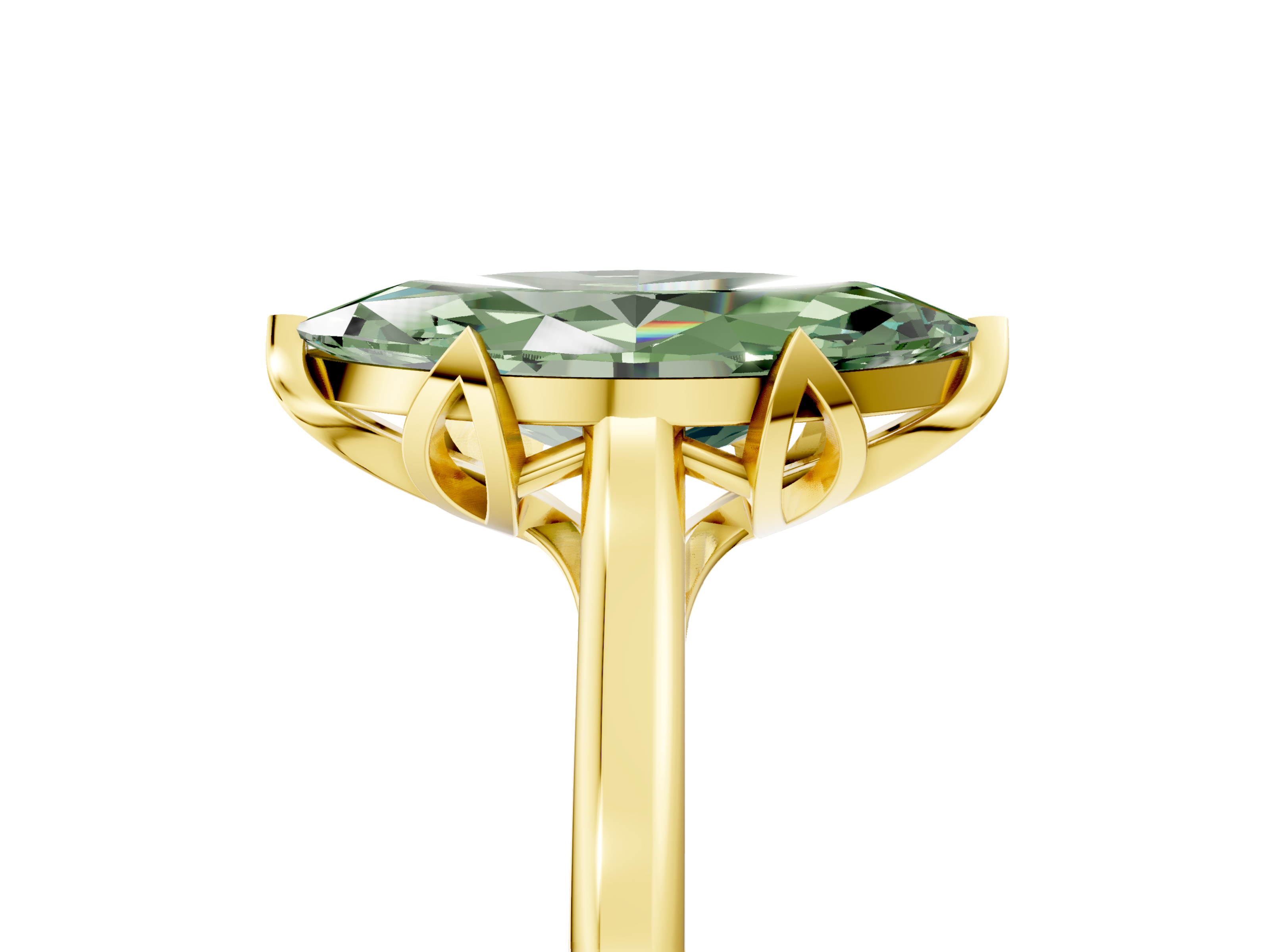 Yellow gold Fancy Green Marquise  Cut Solitaire Diamond Ring with Flower-Prong Setting and Classic Band_55