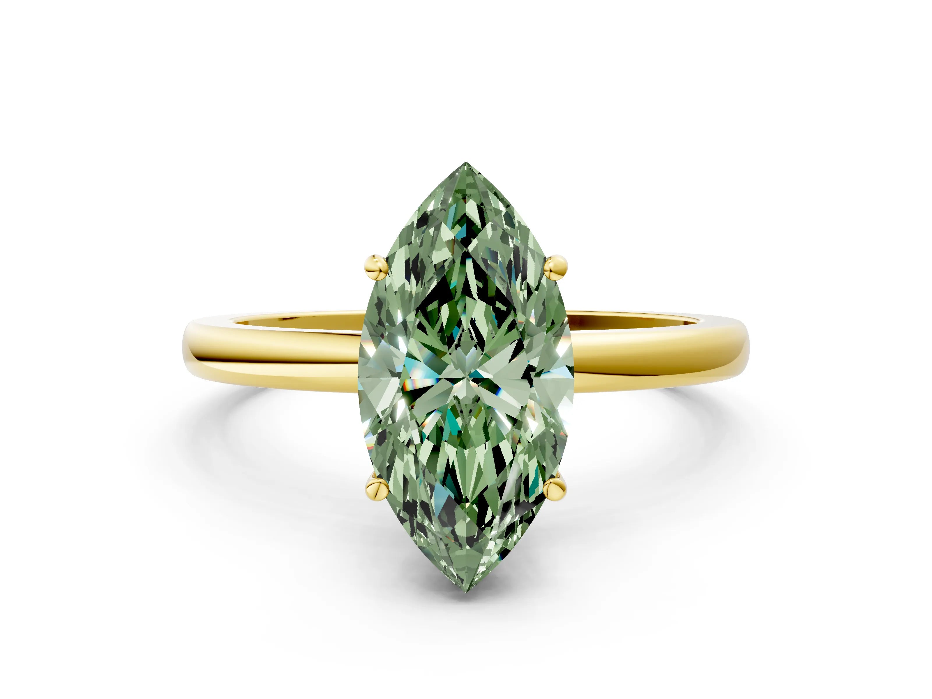 Yellow gold Fancy Green Marquise Cut Solitaire Diamond Ring with Prong Setting and Plain Band