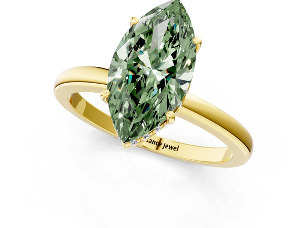Yellow gold Fancy Green Marquise Cut Solitaire Diamond Ring with Prong Setting and Plain Band