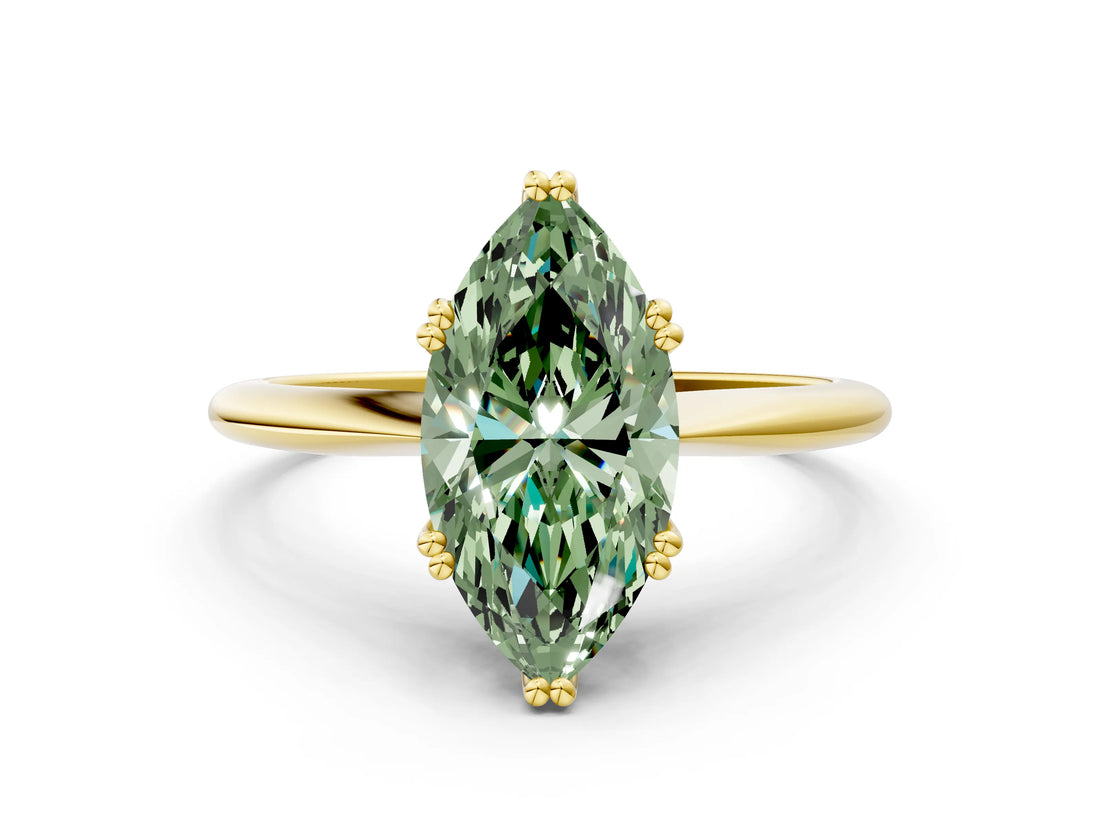 Yellow gold Fancy Green Marquise Cut Solitaire Diamond Ring with Six-Prong Setting and Classic Band_12