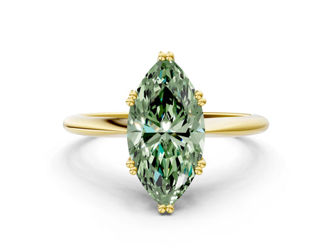 Yellow gold Fancy Green Marquise Cut Solitaire Diamond Ring with Six-Prong Setting and Classic Band