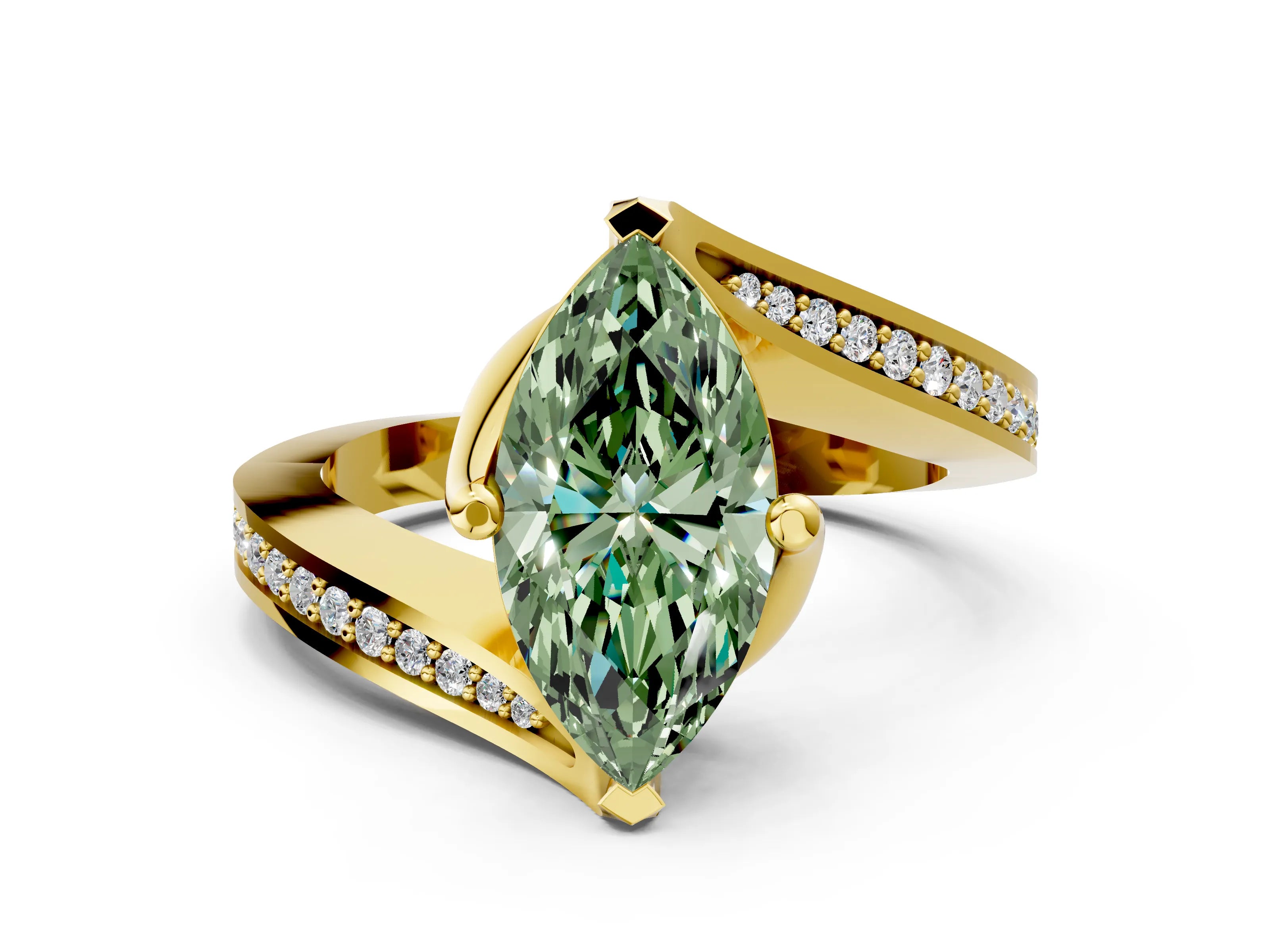 Yellow gold Fancy Green Marquise Cut Solitaire Diamond Twist Band with Pavé Setting and Four-Prong Setting