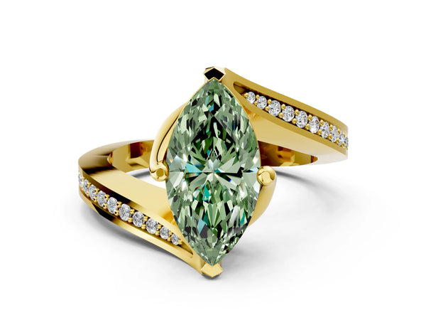 Yellow Gold Marquise Swirl Bypass Pave Engagement Ring Setting for Fancy Green Center