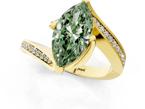 Yellow gold Fancy Green Marquise Cut Solitaire Diamond Twist Band with Pavé Setting and Four-Prong Setting_1