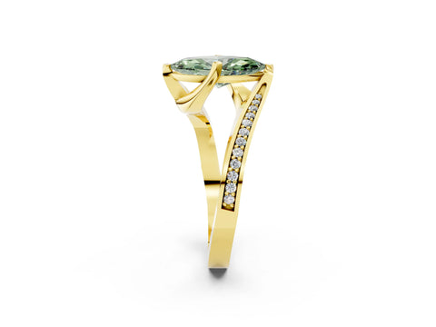 Yellow gold Fancy Green Marquise Cut Solitaire Diamond Twist Band with Pavé Setting and Four-Prong Setting_2