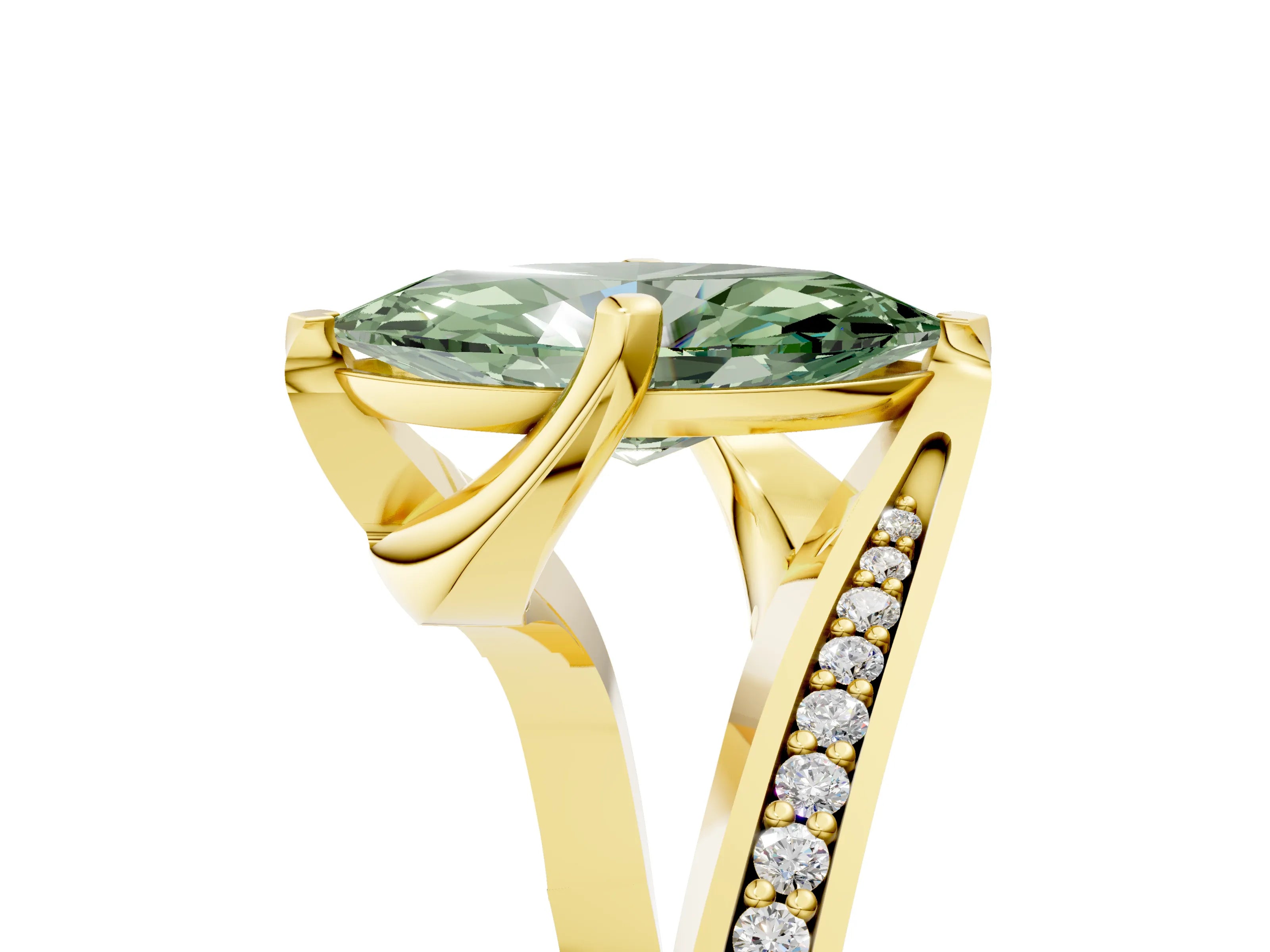 Yellow gold Fancy Green Marquise Cut Solitaire Diamond Twist Band with Pavé Setting and Four-Prong Setting_5