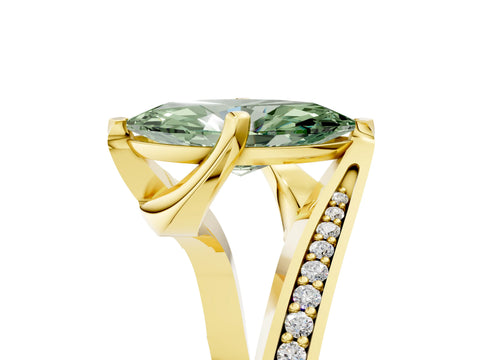 Yellow gold Fancy Green Marquise Cut Solitaire Diamond Twist Band with Pavé Setting and Four-Prong Setting_5