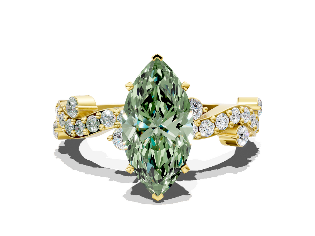 Yellow gold Fancy Green Marquise  Cut Solitaire Diamond Twisted Band with Pave Setting_67
