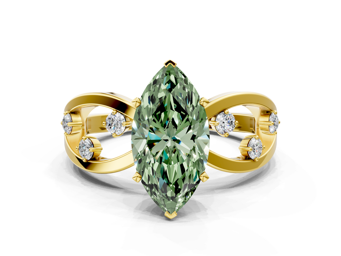 Yellow gold Fancy Green Marquise  Cut Solitaire Diamond with Side Stones on Criss-Cross Band and Four-Prong Setting_3
