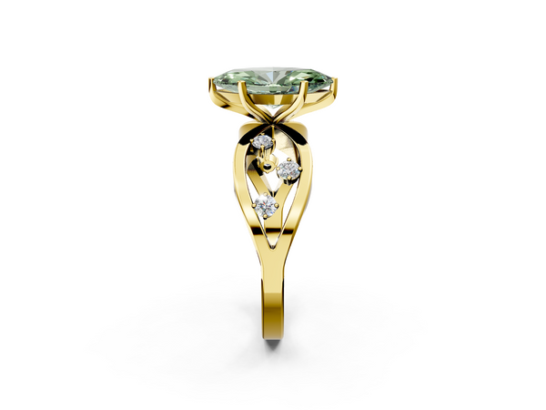 Yellow gold Fancy Green Marquise  Cut Solitaire Diamond with Side Stones on Criss-Cross Band and Four-Prong Setting
