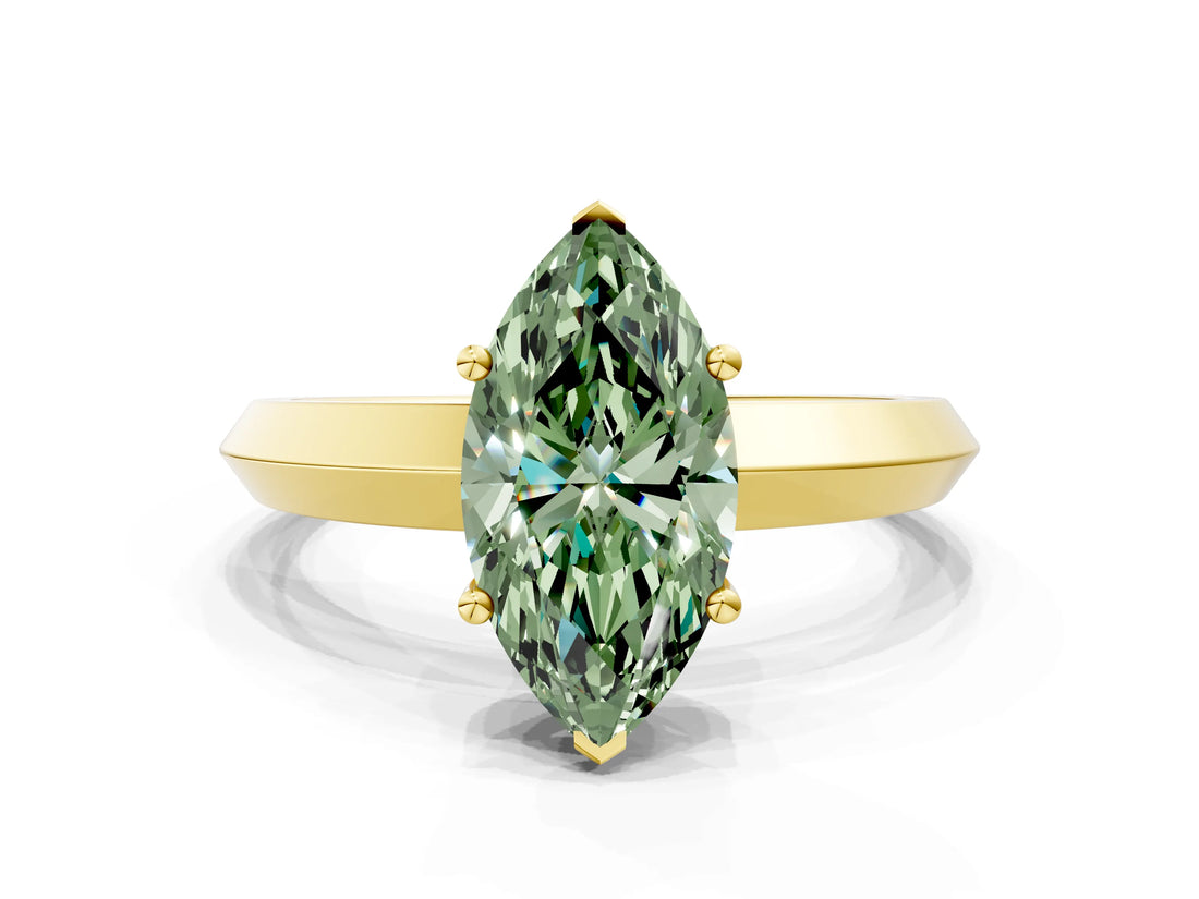 Yellow gold Fancy Green Marquise  Cut Solitaire Engagement Ring with Flat Band and Four-Prong Setting 1