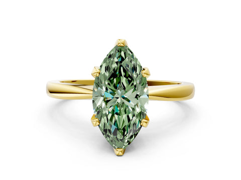 Yellow gold Fancy Green Marquise Cut Solitaire Engagement Ring with Six-Prong Setting and Tapered Band
