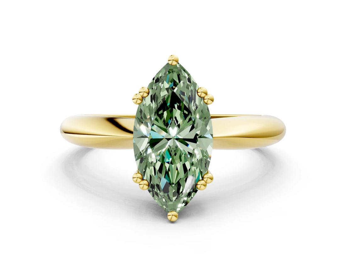 Yellow gold Fancy Green Marquise  Cut Solitaire Engagement Ring with Tapered Band and Four-Prong Setting 1