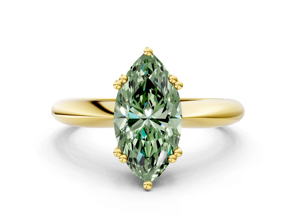 Yellow gold Fancy Green Marquise  Cut Solitaire Engagement Ring with Tapered Band and Four-Prong Setting