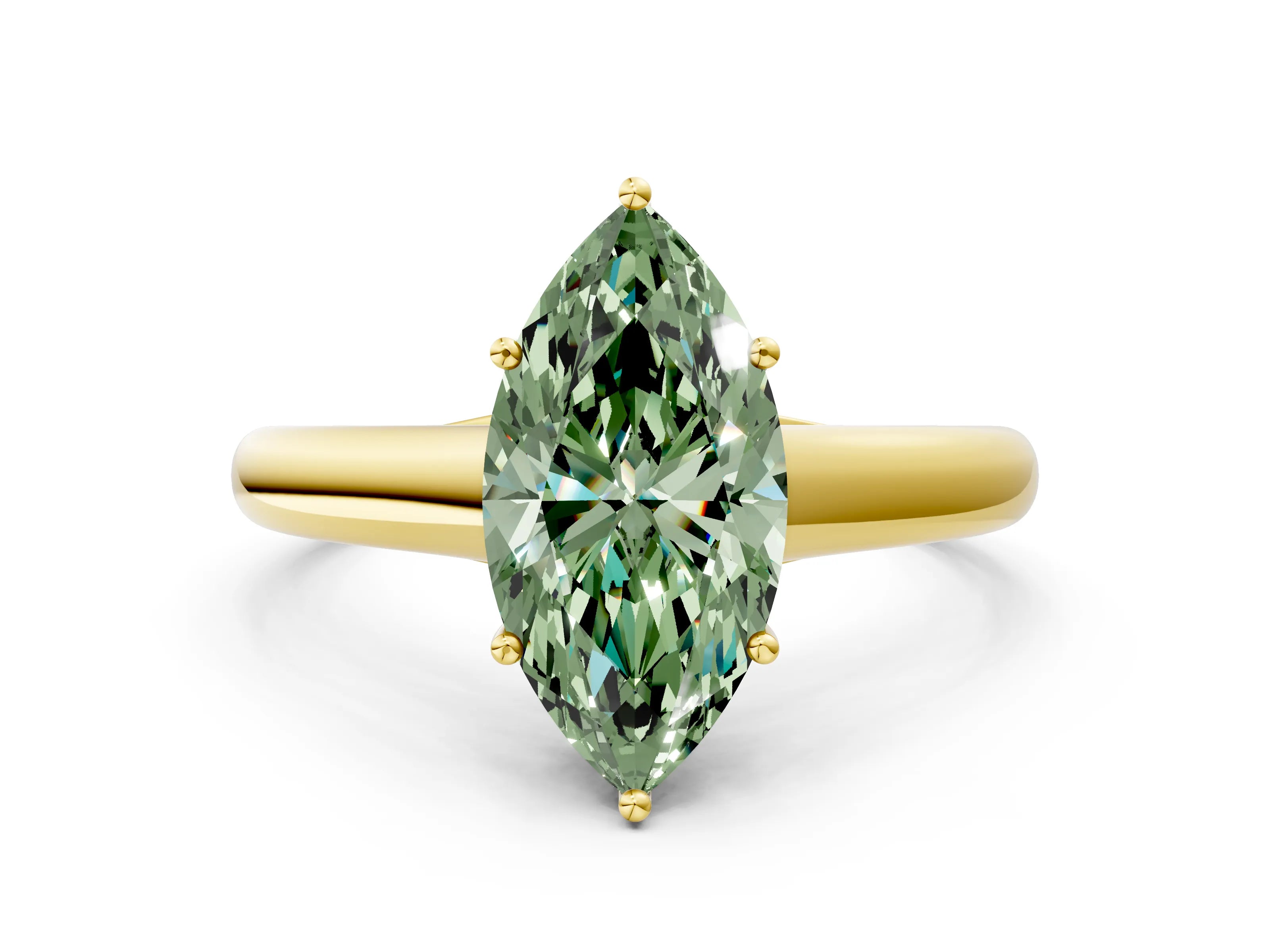 Yellow gold Fancy Green Marquise Cut Solitaire Engagement Ring with Tapered Band and Four-Prong Setting_3