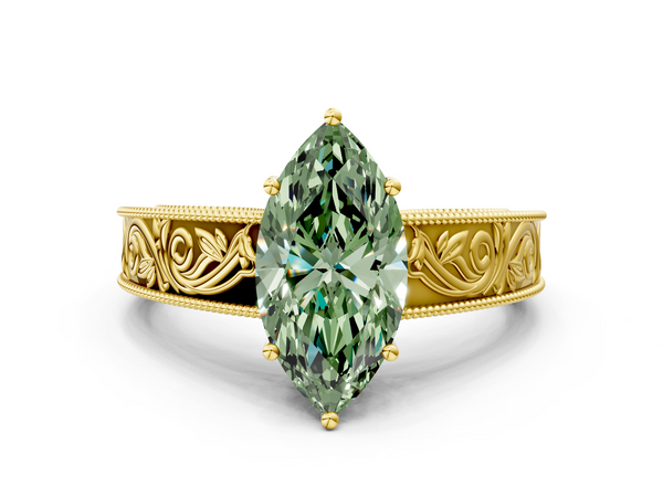 Yellow gold Fancy Green Marquise Cut Diamond Solitaire Ring with Engraved Band and Four-Prong Setting