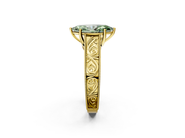 Yellow gold Fancy Green Marquise Cut Diamond Solitaire Ring with Engraved Band and Four-Prong Setting