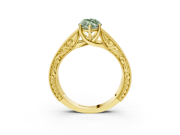 Yellow gold Fancy Green Marquise Cut Diamond Solitaire Ring with Engraved Band and Four-Prong Setting