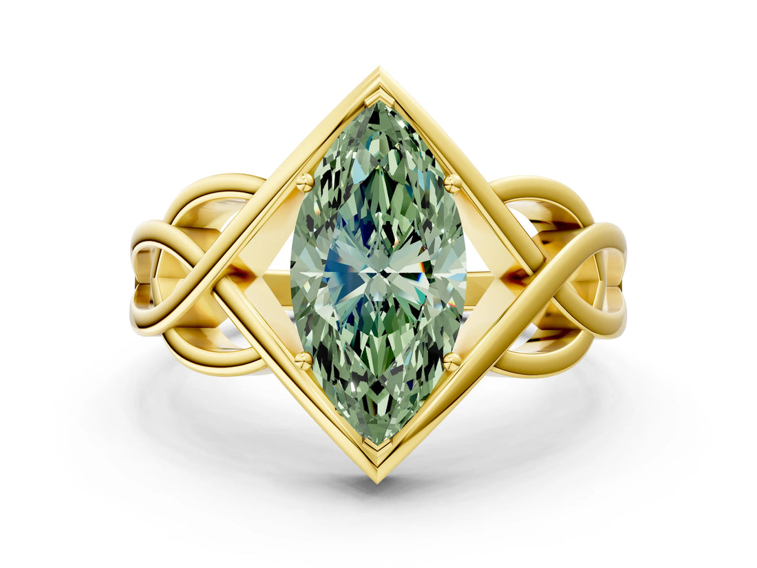 Yellow gold Fancy Green Marquise Cut Solitaire Intertwined Band Prong Setting Ring