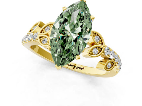 Yellow gold Fancy Green Marquise Cut Solitaire Leaf-Inspired Diamond Ring with Pavé Band and Four-Prong Setting_1
