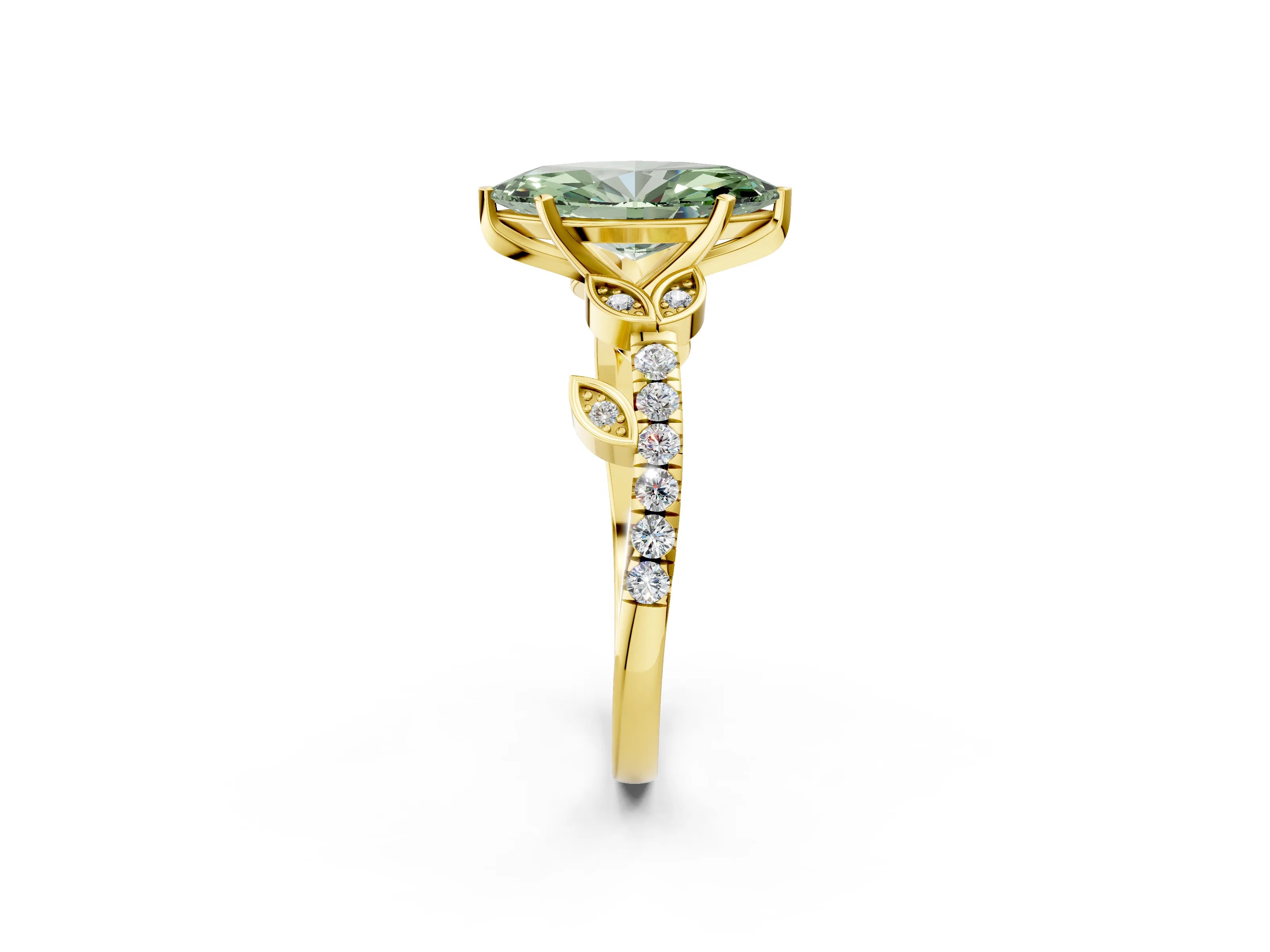 Yellow gold Fancy Green Marquise Cut Solitaire Leaf-Inspired Diamond Ring with Pavé Band and Four-Prong Setting_2