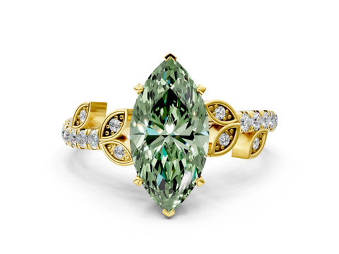 Yellow gold Fancy Green Marquise Cut Solitaire Leaf-Inspired Diamond Ring with Pavé Band and Four-Prong Setting