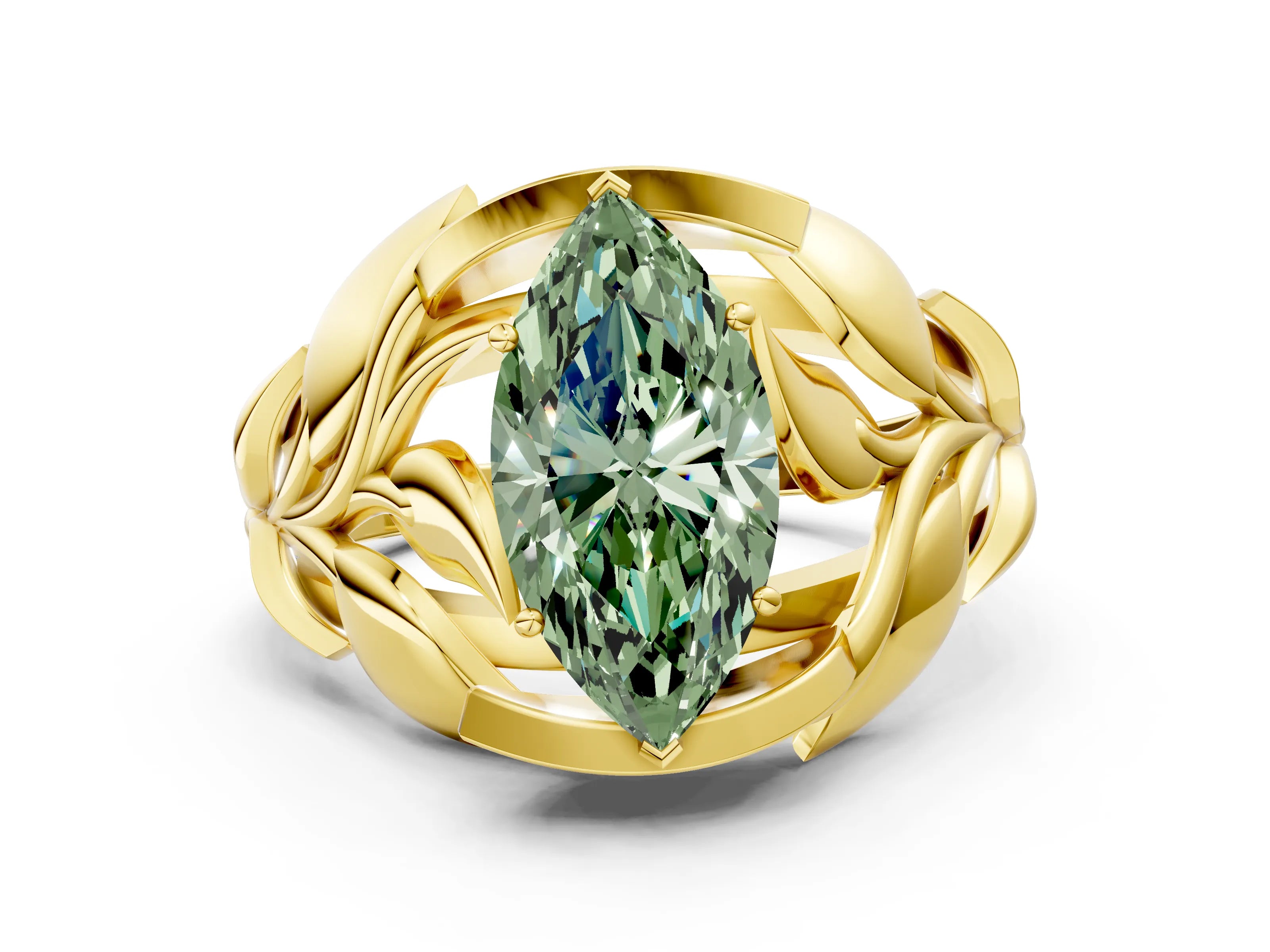 Yellow gold Fancy Green Marquise Cut Solitaire Leaf-Inspired Engagement Ring with Prong Setting