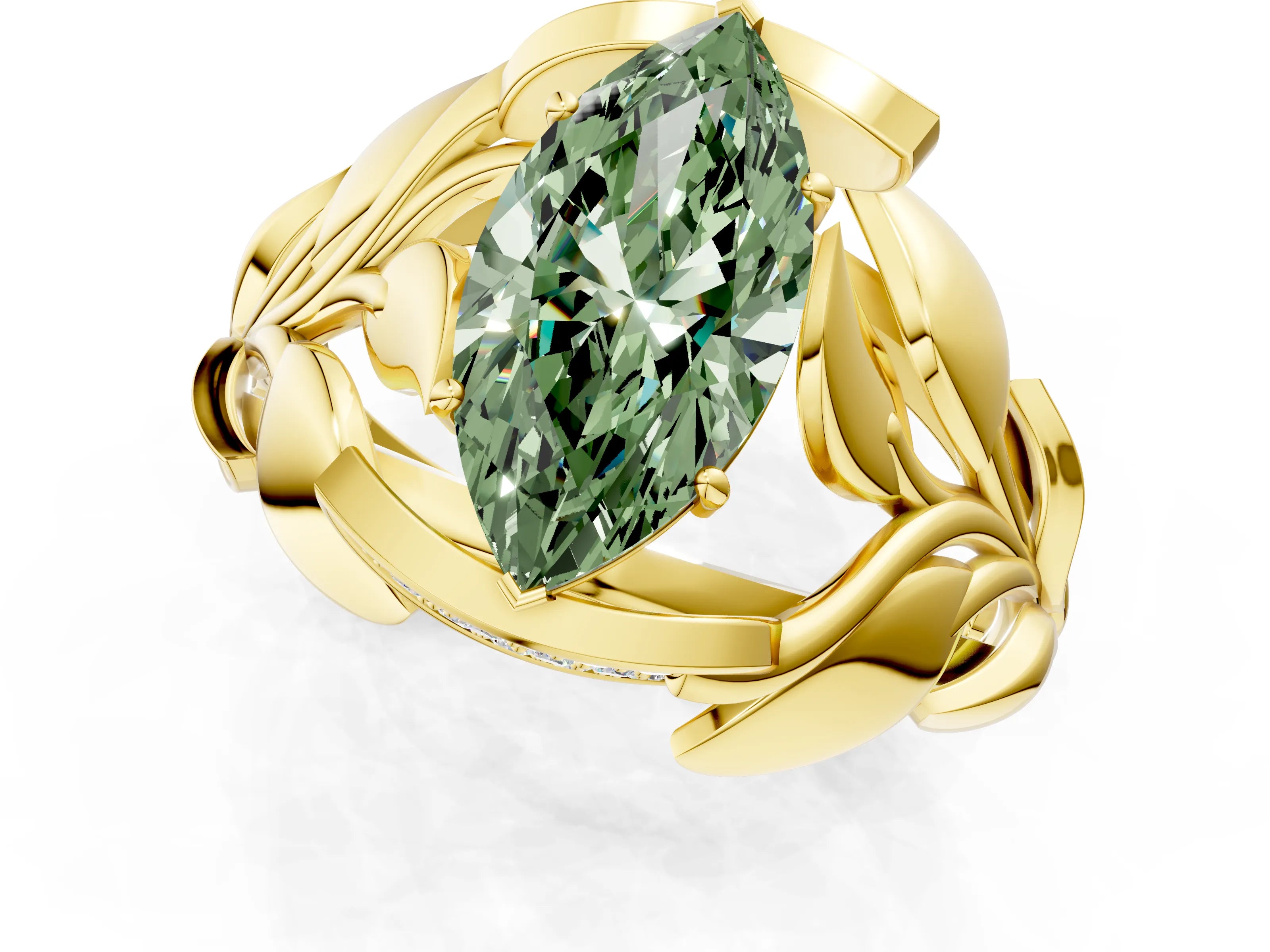 Yellow gold Fancy Green Marquise Cut Solitaire Leaf-Inspired Engagement Ring with Prong Setting_1