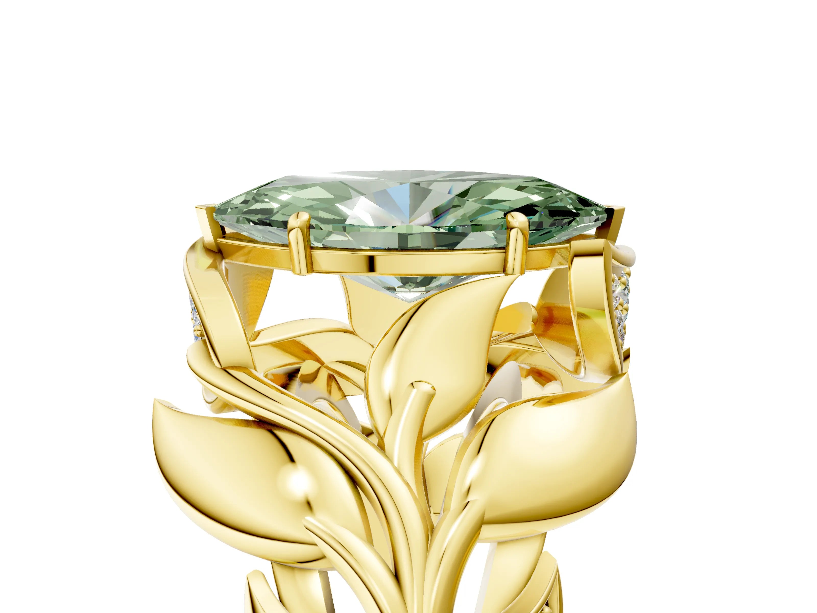 Yellow gold Fancy Green Marquise Cut Solitaire Leaf-Inspired Engagement Ring with Prong Setting_5