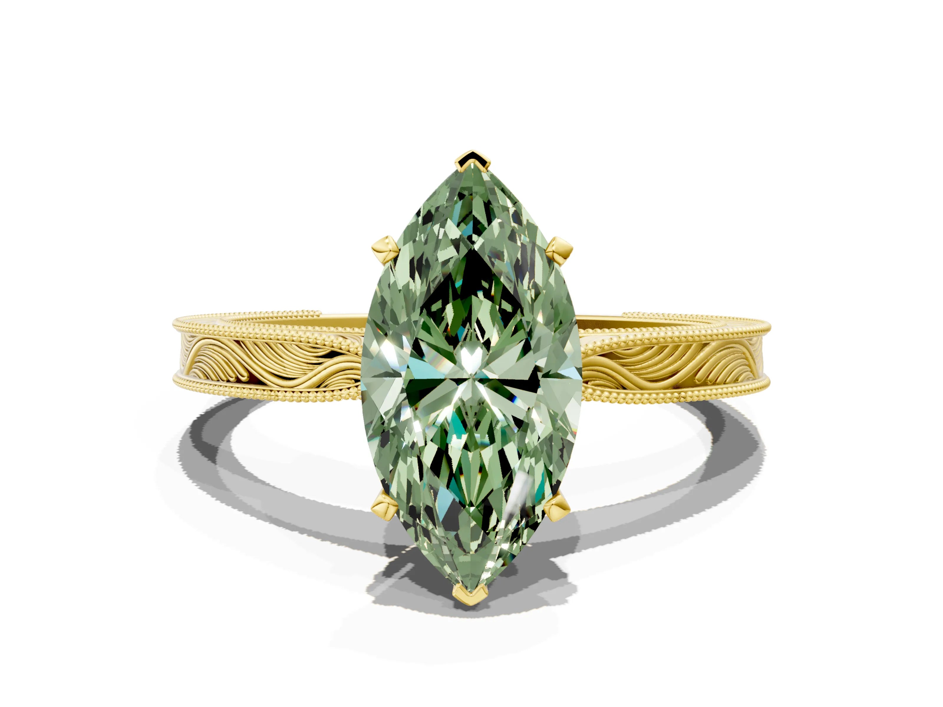 Yellow gold Fancy Green Marquise Cut Solitaire Milgrain Engraved Band with Four-Prong Setting
