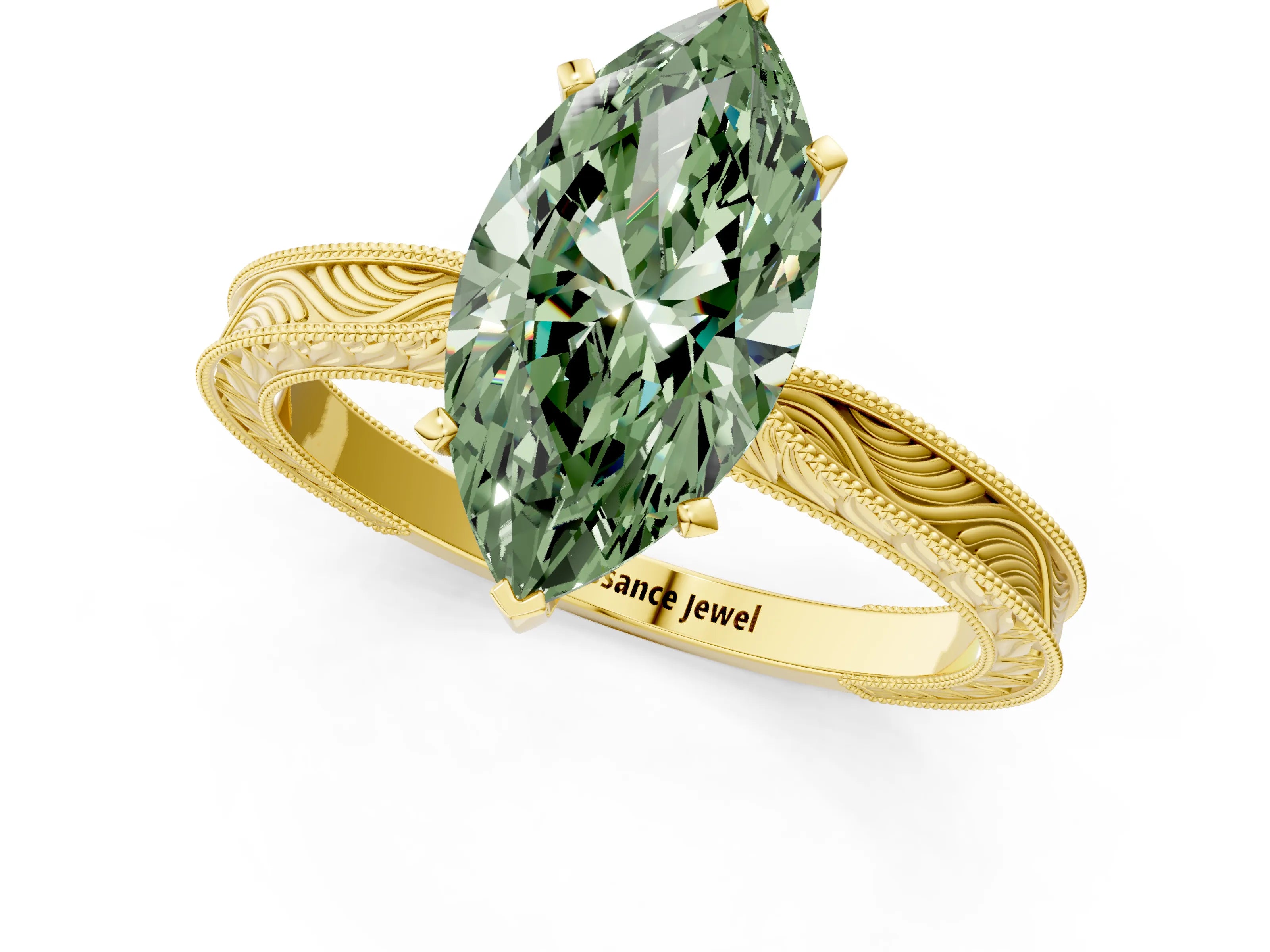 Yellow gold Fancy Green Marquise Cut Solitaire Milgrain Engraved Band with Four-Prong Setting_1
