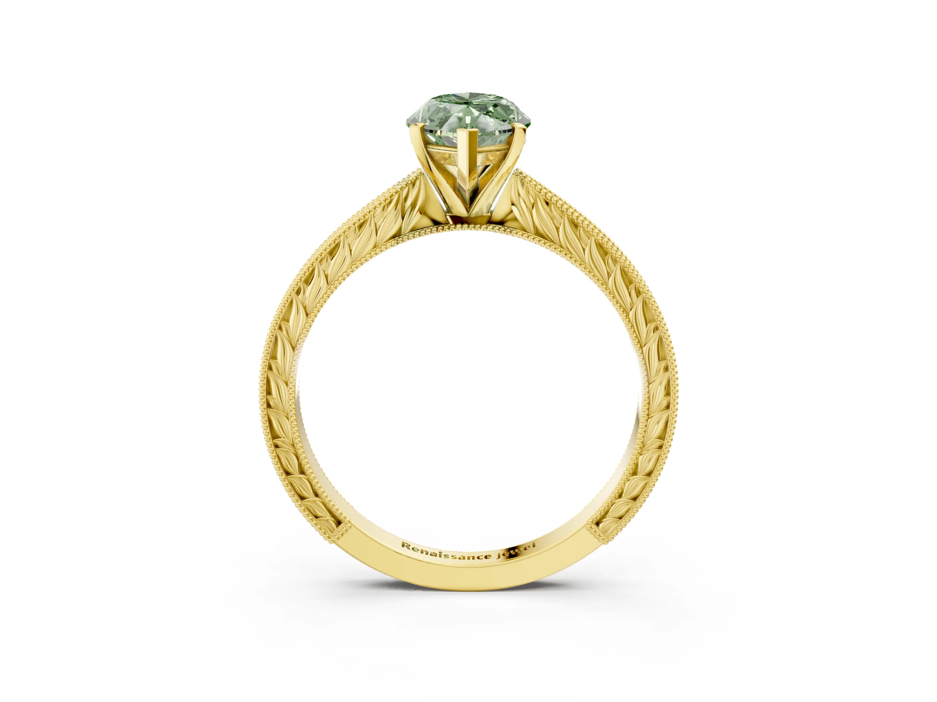 Yellow gold Fancy Green Marquise Cut Solitaire Milgrain Engraved Band with Four-Prong Setting_3