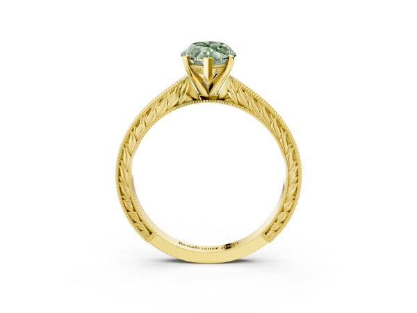 Yellow Gold Marquise Solitaire Engagement Ring Setting for Fancy Green Center with Engraved Band