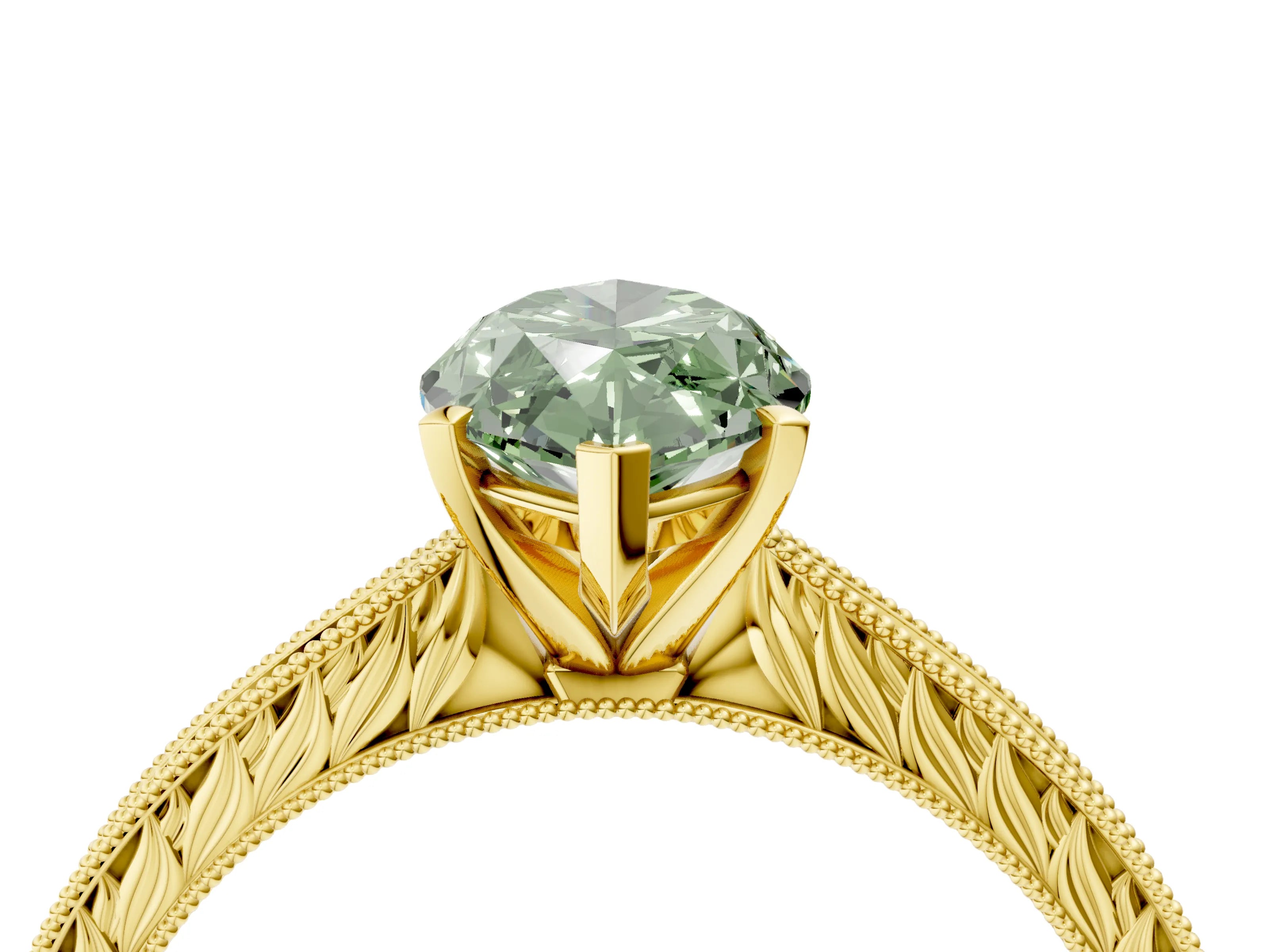 Yellow gold Fancy Green Marquise Cut Solitaire Milgrain Engraved Band with Four-Prong Setting_4